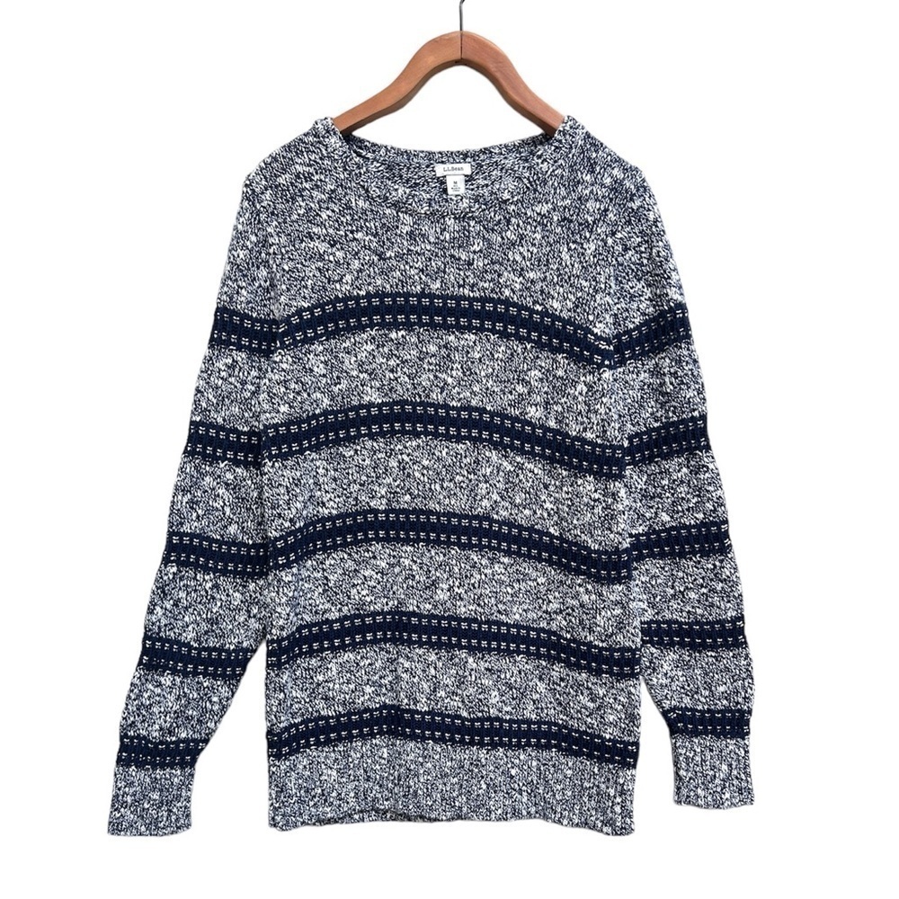 LL Bean Cotton Knit Sweater Marled Striped Navy Blue Pullover, Size Medium